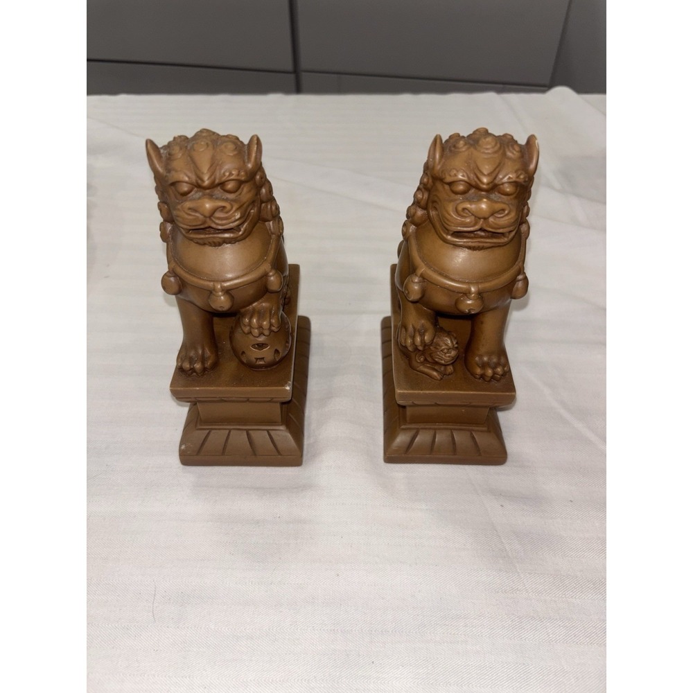VINTAGE CHINESE PAIR‎ OF STONE BROWN COLOR FOO DOGS BOOKENDS